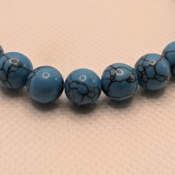 Blue Howlite Beaded Bracelet & Black Leather Stainless Steel Magnetic Clasp Set - Picture 8 of 10
